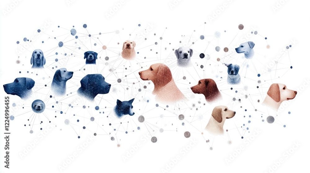 Poster artistic representation of various dog breeds connected through a network of dots and lines showcasi