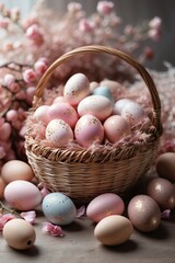 Basket Filled with Beautiful Easter Eggs in Soft Pink Color with Golden Accents