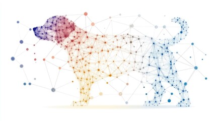 Digital representation of a dog created from a network of connected dots and lines, symbolizing technology and companionship.