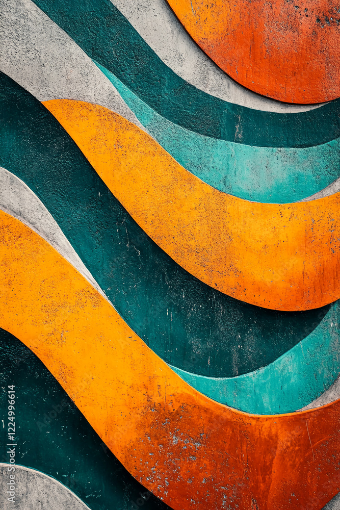 Poster colorful abstract wave patterns in orange, turquoise, and gray paint on a textured surface, showcasi