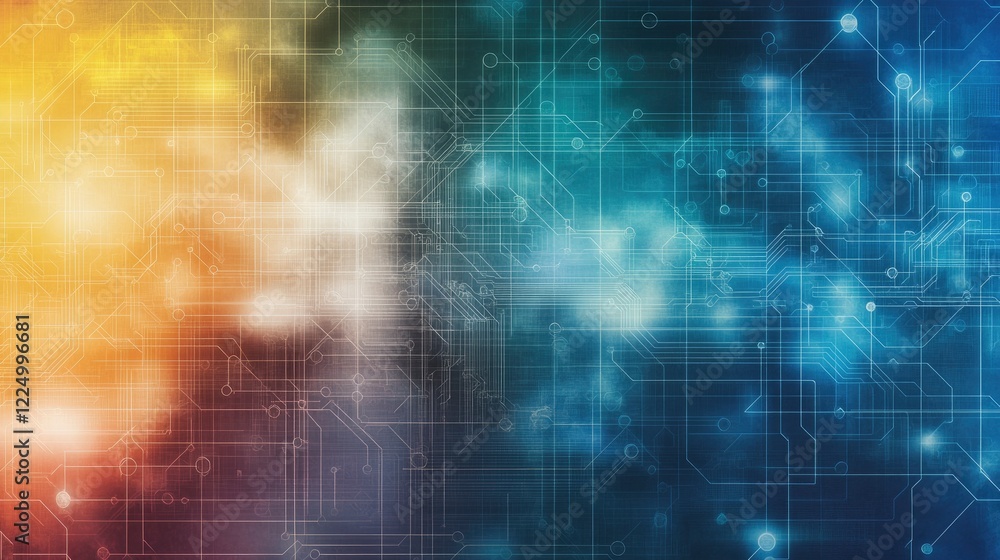 Poster abstract circuit board design with a gradient of orange and blue hues representing technology and in