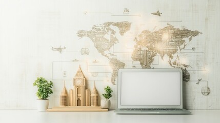 Modern workspace with laptop, decorative elements and a world map backdrop emphasizing travel and creativity