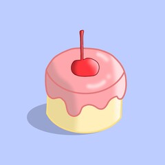 Digital illustration of a small cake with pink glaze and cherries on top on a blue background.