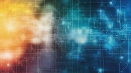 Obraz premium Abstract circuit board design with a gradient of orange and blue hues representing technology and innovation