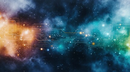 Abstract space background with glowing circuit patterns and cosmic elements symbolizing technology and innovation