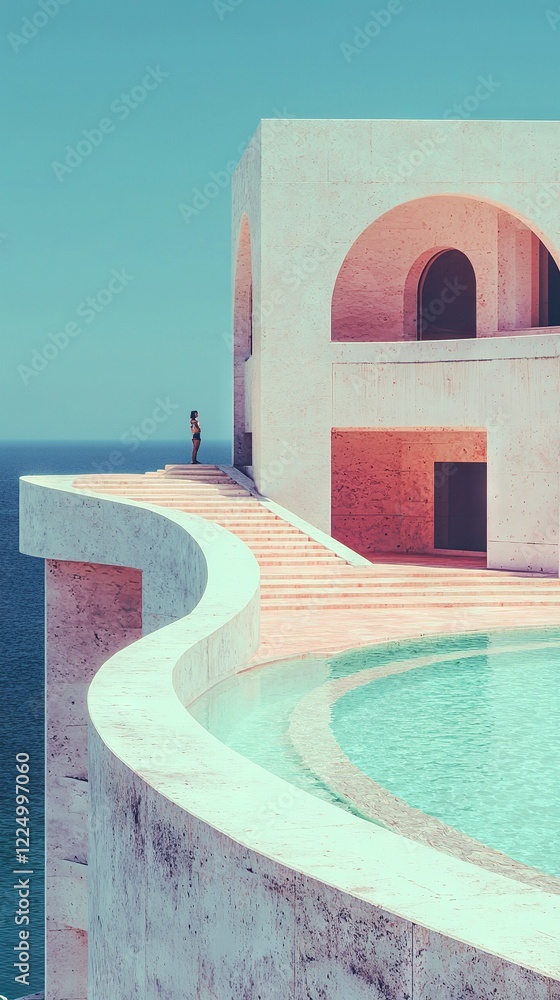 Poster a man stands atop a building edge overlooking a circular pool in front