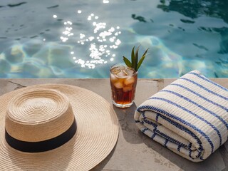 Relaxing Poolside Scene with Vintage Straw Hat, Drink, and Towel