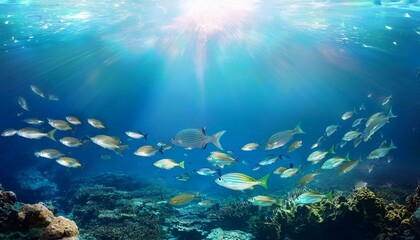Fototapeta premium background with schools of fishblue, tropical, fish, aquatic, marin, ocean, background, fisherman, fishing, sea, water, aquarium, animal, food, nature, seafood, river, wildlife, underwater, hobby, fre