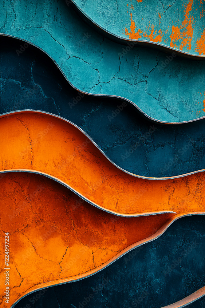 Poster colorful abstract waves in orange, turquoise, and blue paint on a textured wall, showcasing modern a