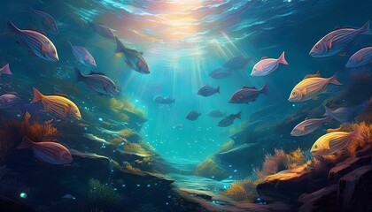 Obraz premium background with schools of fishblue, tropical, fish, aquatic, marin, ocean, background, fisherman, fishing, sea, water, aquarium, animal, food, nature, seafood, river, wildlife, underwater, hobby, fre