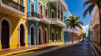 Fototapeta premium Vibrant streets of Puerto showcasing colorful colonial architecture and palm trees under a bright blue sky