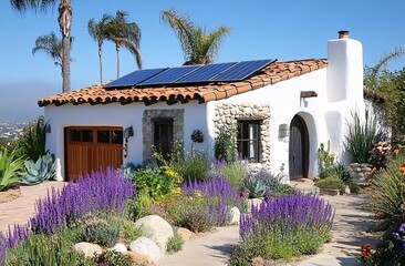 Fototapeta premium Modern energy-efficient home with solar panels, sustainable landscaping, and desert-adapted garden design