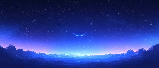 Night sky with crescent moon and stars over dark clouds in a blue gradient atmosphere