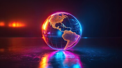 A glowing glass globe displaying the Americas in vivid hues, symbolizing connectivity, innovation, and boundless possibilities in a world of progress and discovery.