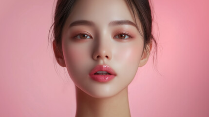 Asian woman’s lips receiving precise filler injection on pink background. Non-surgical facial for anti-aging treatments.