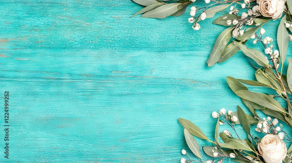 Poster an overhead view of flowers and leaves on a blue wooden background with space for text or image opti