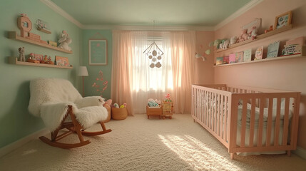 Cozy nursery room with pastel colors, wooden crib, and soft sheepskin decor.