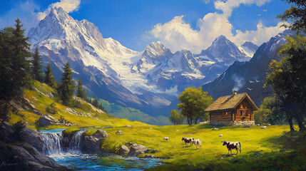 alpine meadow with a small cascading waterfall