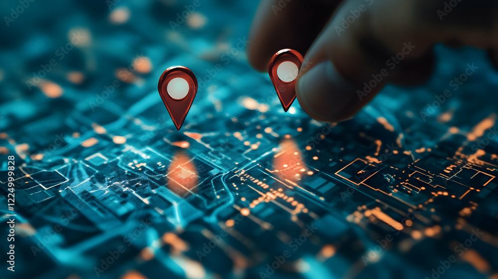 Aufkleber digital illustration of a hand setting location on a map with two pins, representing ai technology i