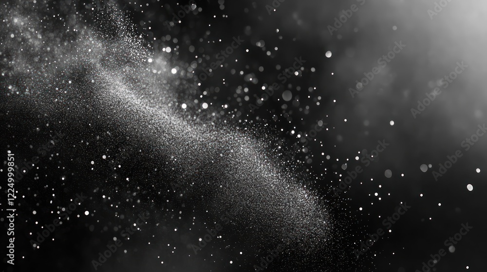Poster abstract grayscale dust particles floating in dark space.