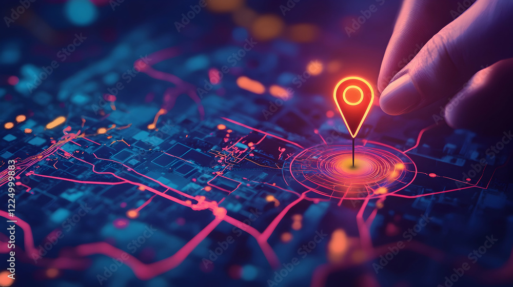 Aufkleber digital illustration of a hand setting location on a map with two pins, representing ai technology i