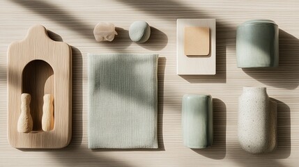 Aesthetic arrangement of minimalistic home decor items showcasing natural textures and soft color palette under gentle sunlight