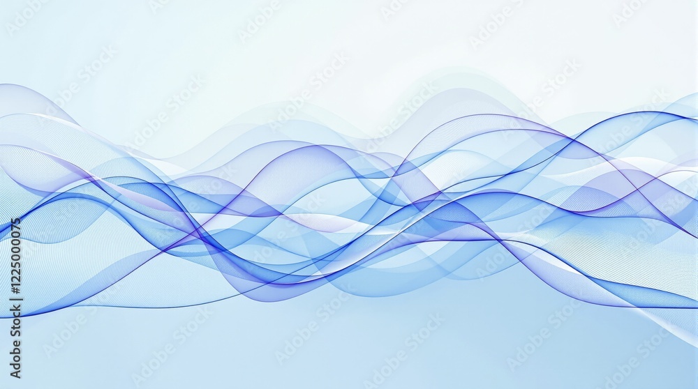 Poster abstract blue wave lines flowing in layered motion on a light gradient background. concept of fluidi
