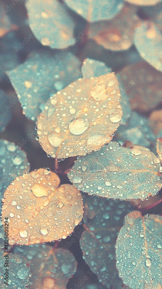 Poster a cluster of emerald leaves adorned with dewdrops, set against a backdrop of azure sky and additiona