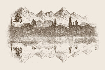 Obraz premium Forest and mountains are reflected in the lake, vignette, vector sketch, imitation of a pencil drawing