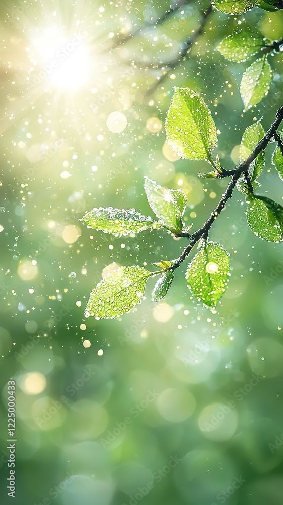 Poster a zoomed-in image of a tree branch with water droplets on its leaves, illuminated by the sun in the 