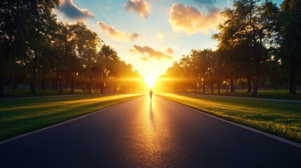 Fototapeta premium Sunset journey of a solitary figure on a serene pathway in a lush park setting capturing tranquility and reflection