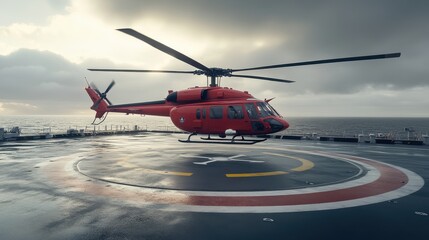 Red Helicopter Landing on Offshore Helipad with Ocean Background