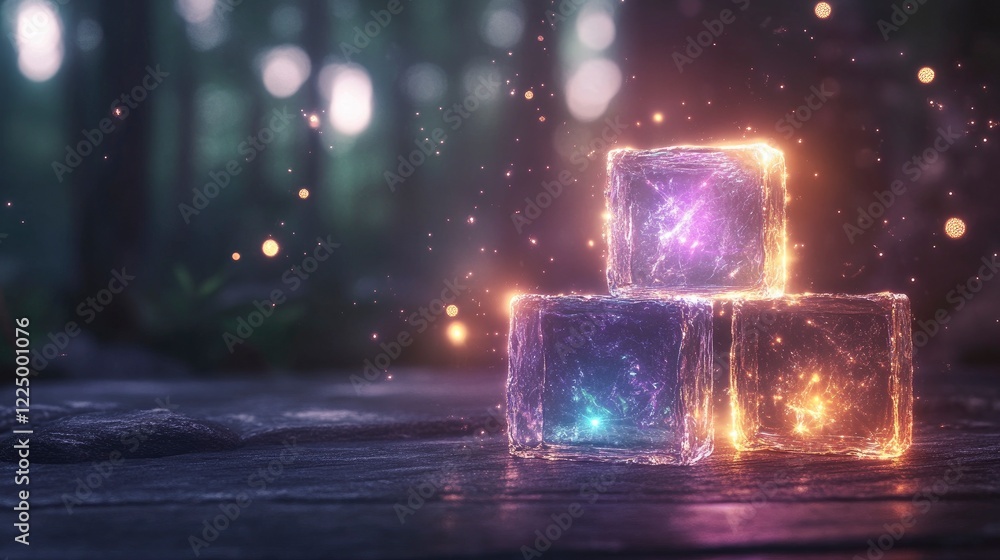 Poster glowing magical ice cubes with sparkles in a serene forest setting at twilight