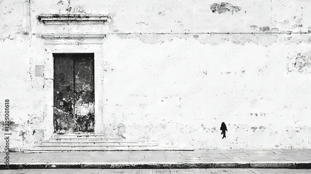 Poster a monochrome image of an ancient structure featuring a doorway and an individual positioned before i