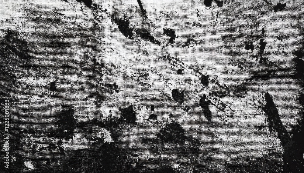 Poster highresolution scan of a captivating black and white distressed lino print texture featuring an indu