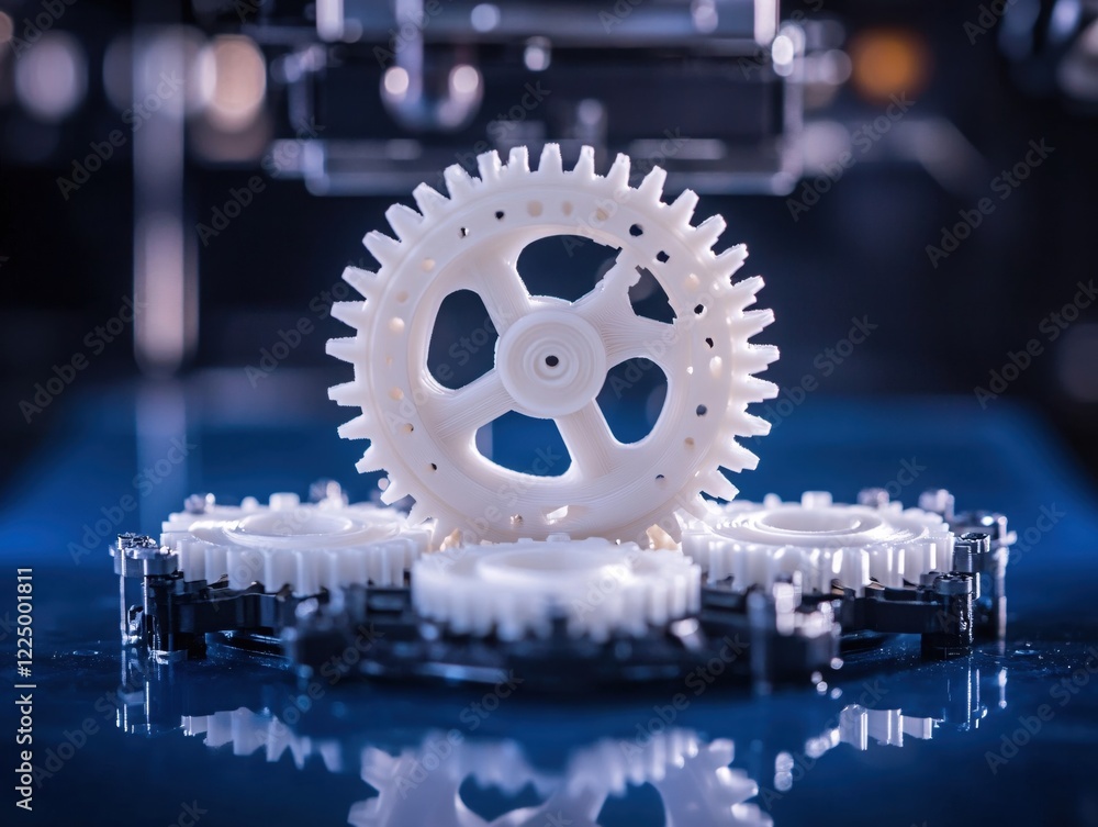 Poster precision gears printed with three d printer on blue surface with blurred background technology