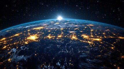 Obraz premium Earth at night, city lights glowing, sunrise.