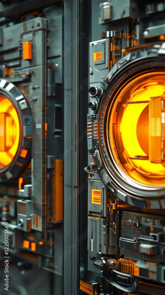 Poster futuristic technology with glowing orange elements in a high-tech environment