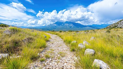 Fototapeta premium Mountain trail path, summer landscape, scenic view, travel destination