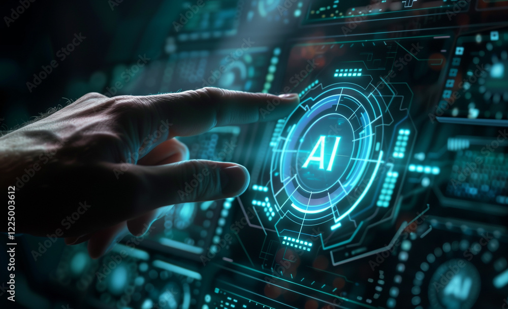Poster artificial intelligence concept, hand touching a digital screen with an ai icon and the text 