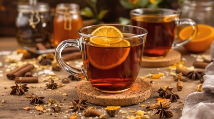 Glass cups of tea with orange slices, surrounded by spices and honey on a rustic wooden table. Warm tones create a cozy autumn concept. Ai generative