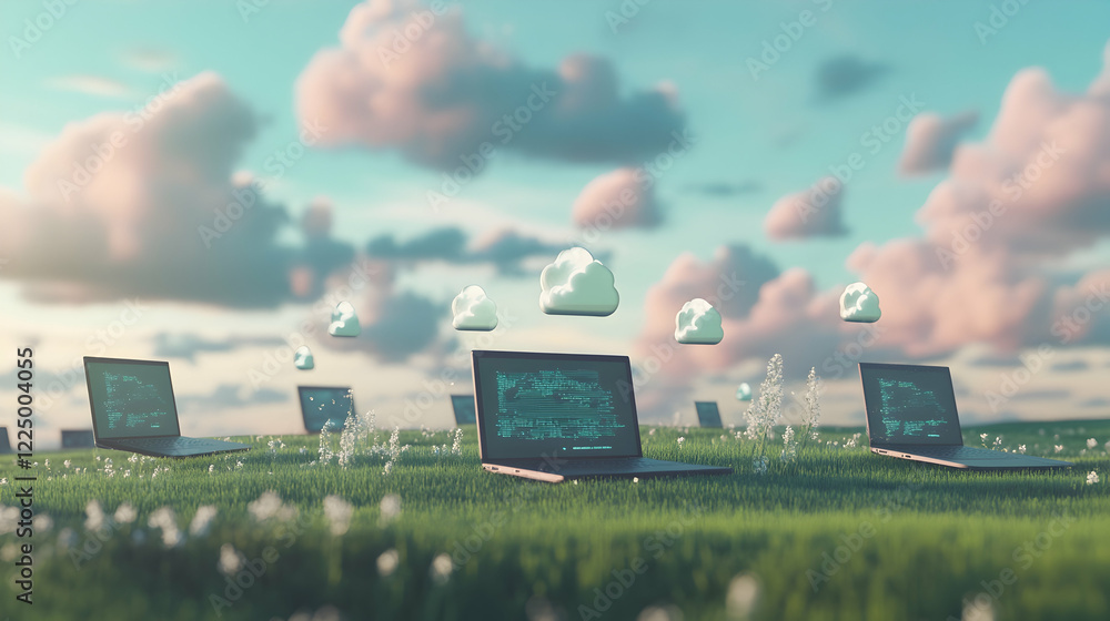 Poster exploring cloud computing in a modern digital landscape with laptops and cloud icons -