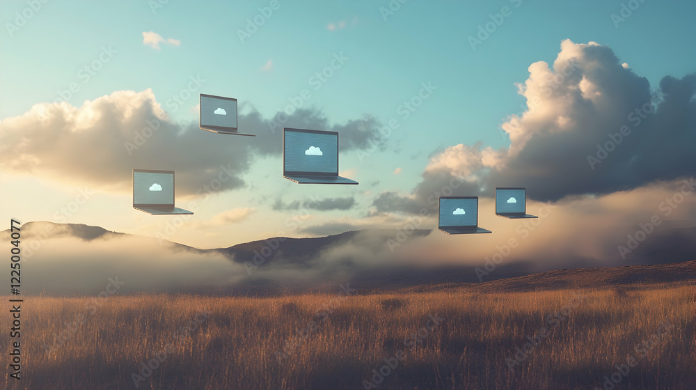 Aufkleber exploring cloud computing in a modern digital landscape with laptops and cloud icons -