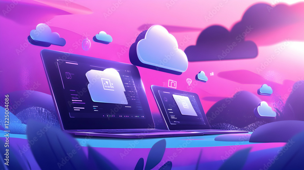 Poster exploring cloud computing in a modern digital landscape with laptops and cloud icons -