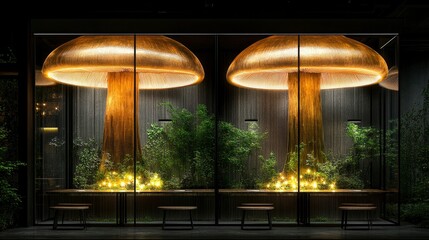 A stunning modern interior showcasing two oversized illuminated mushroom sculptures surrounded by lush greenery and cozy seating areas