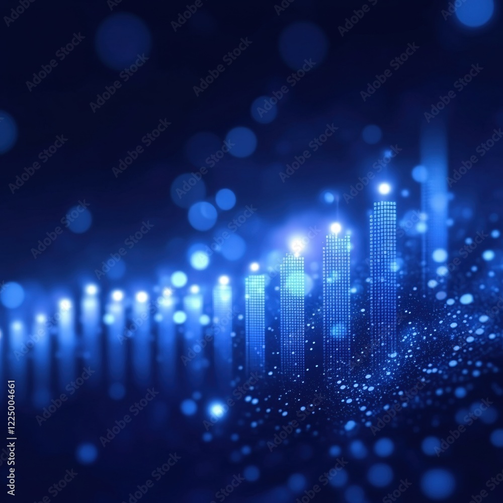 Poster abstract digital graph with blue bokeh lights and glowing bars on dark background