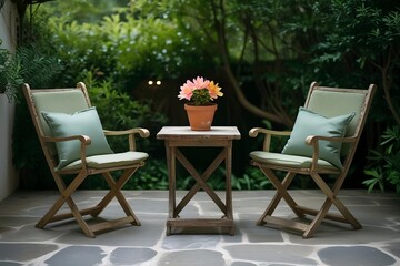 a small outdoor patio with two folding chairs and a small wooden table