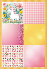 A set of six coordinating decoupage paper inspired by a unicorn, uses a pastel palette including pink, lemon and pale green