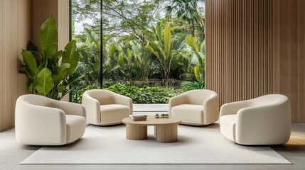 Fototapeta premium Modern beige lounge chairs & wooden coffee table in a tranquil room with a lush garden view.