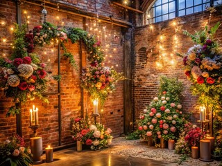 Fototapeta premium Urban Wedding Background: Flowers, Sparks, & Industrial Romance